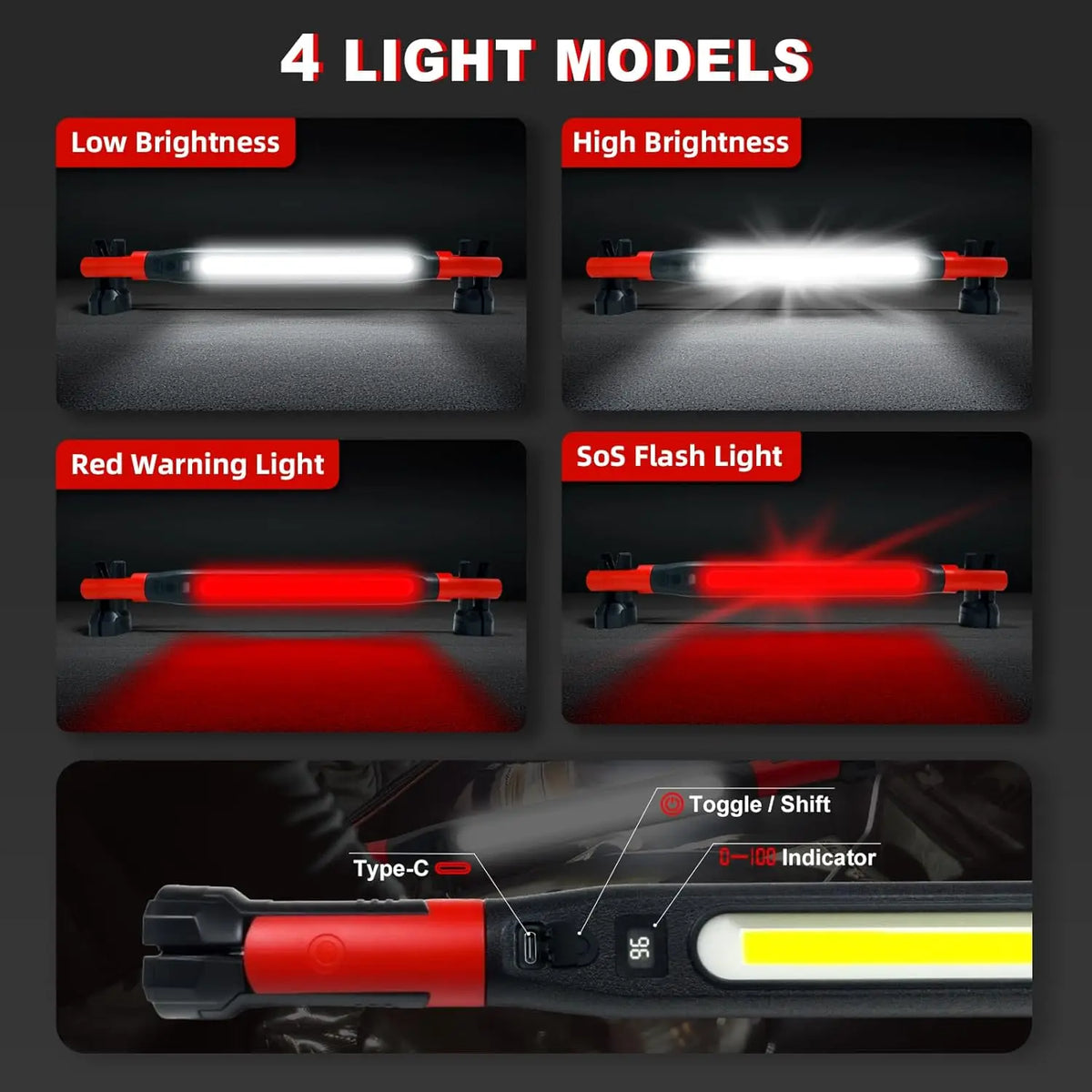 Rechargeable Magnetic LED Work Light Rotating Base & Hanging Hooks ...